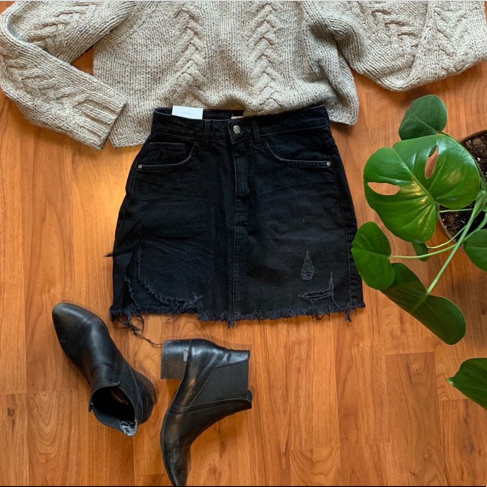 Xtra Distressed Black Denim Mini Skirt